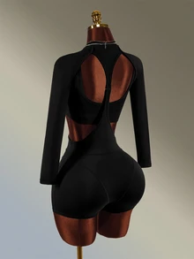 Amplova Women's Letter Print Cutout Long Sleeve Sports Romper With Bra - Black - View 5