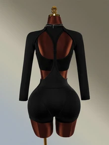 Amplova Women's Letter Print Cutout Long Sleeve Sports Romper With Bra - Black - View 2