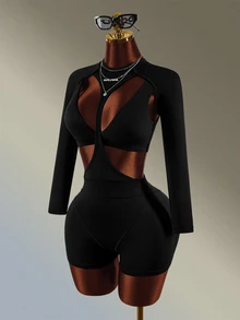 Amplova Women's Letter Print Cutout Long Sleeve Sports Romper With Bra - Black - View 3