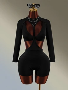 Amplova Women's Letter Print Cutout Long Sleeve Sports Romper With Bra - Black - View 4