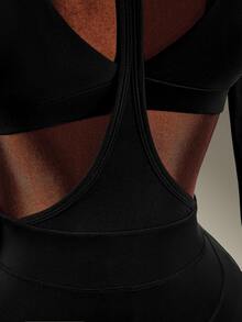 Amplova Women's Letter Print Cutout Long Sleeve Sports Romper With Bra - Black - View 10