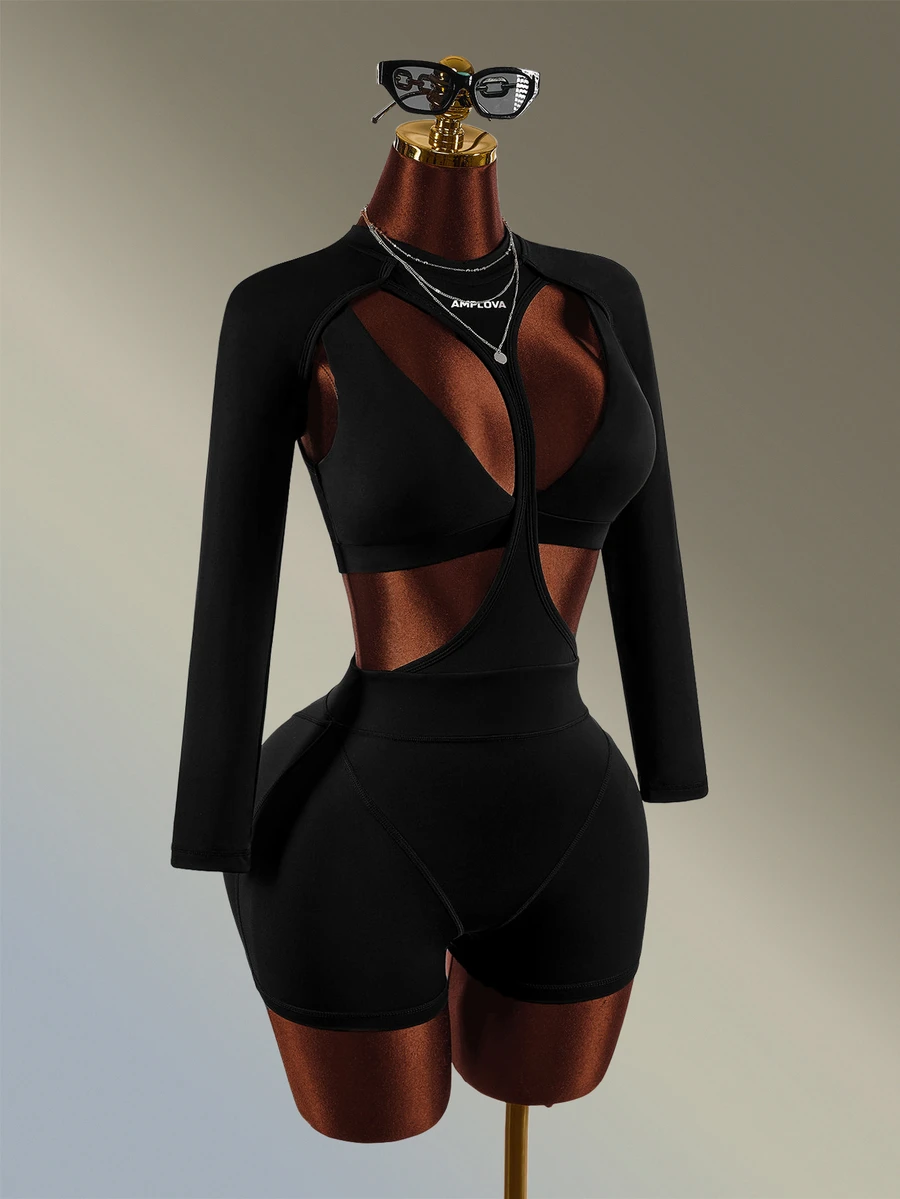 Amplova Women's Letter Print Cutout Long Sleeve Sports Romper With Bra - Black - View 1