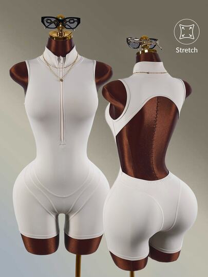 Amplova Casual Zip-Up Half-Placket Athletic Romper