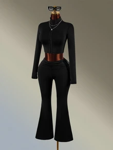 Amplova Women's Solid Color Long Sleeve Zipper Front Top And Flare Pants Sports Set - Black - View 3