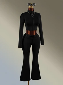 Amplova Women's Solid Color Long Sleeve Zipper Front Top And Flare Pants Sports Set - Black - View 6