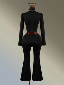 Amplova Women's Solid Color Long Sleeve Zipper Front Top And Flare Pants Sports Set - Black - View 2