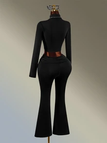Amplova Women's Solid Color Long Sleeve Zipper Front Top And Flare Pants Sports Set - Black - View 5