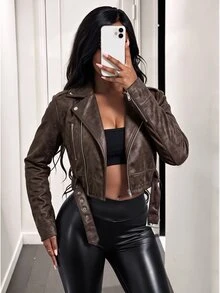 BamGleam Women's Vintage Leather Short Jacket With Large Collar, Zipper And Belt - Coffee Brown - View 2