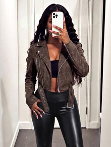 BamGleam Women's Vintage Leather Short Jacket With Large Collar, Zipper And Belt - Coffee Brown - View 10
