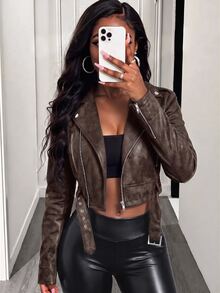 BamGleam Women's Vintage Leather Short Jacket With Large Collar, Zipper And Belt - Coffee Brown - View 8