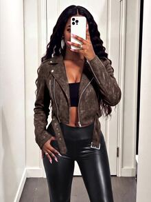 BamGleam Women's Vintage Leather Short Jacket With Large Collar, Zipper And Belt - Coffee Brown - View 9