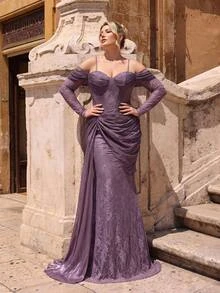 Glamrae Plus Size Mauve Purple Cold Shoulder Spaghetti Strap Lace Corset Ruched Mermaid Gown For Wedding Guest, Prom, Gala & Formal Evening Gown - Purple - View 3