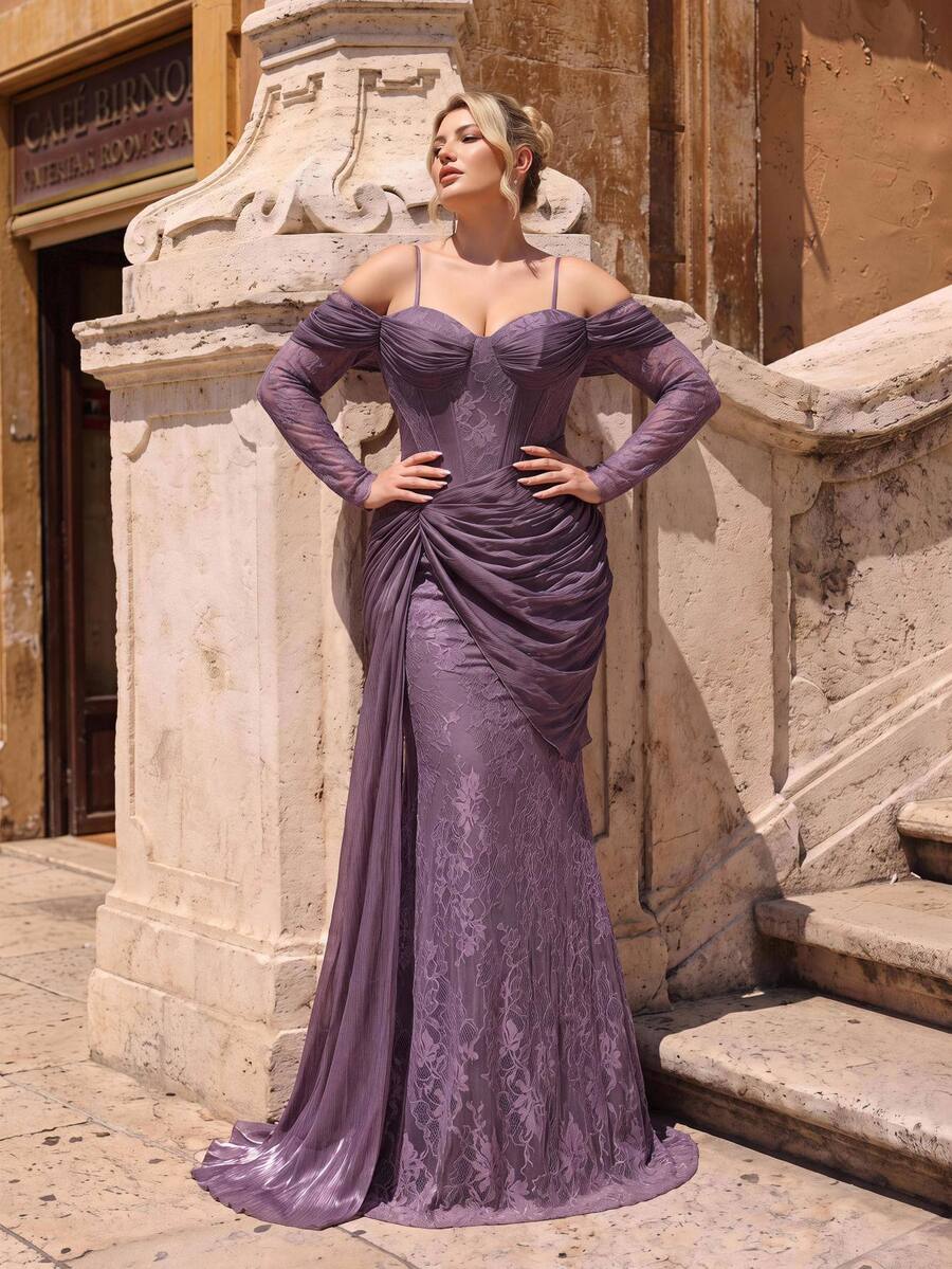 Glamrae Plus Size Mauve Purple Cold Shoulder Spaghetti Strap Lace Corset Ruched Mermaid Gown For Wedding Guest, Prom, Gala & Formal Evening Gown