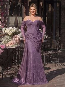 Glamrae Plus Size Mauve Purple Cold Shoulder Spaghetti Strap Lace Corset Ruched Mermaid Gown For Wedding Guest, Prom, Gala & Formal Evening Gown - Purple - View 2