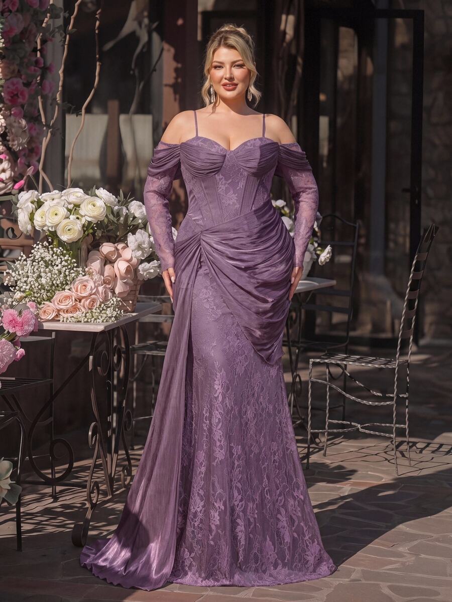 Glamrae Plus Size Mauve Purple Cold Shoulder Spaghetti Strap Lace Corset Ruched Mermaid Gown For Wedding Guest, Prom, Gala & Formal Evening Gown