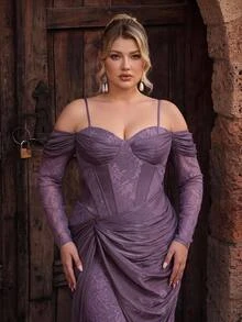 Glamrae Plus Size Mauve Purple Cold Shoulder Spaghetti Strap Lace Corset Ruched Mermaid Gown For Wedding Guest, Prom, Gala & Formal Evening Gown - Purple - View 5