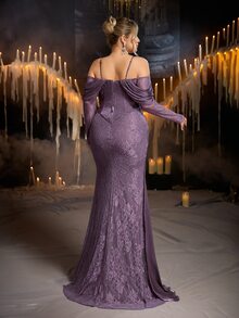 Glamrae Plus Size Mauve Purple Cold Shoulder Spaghetti Strap Lace Corset Ruched Mermaid Gown For Wedding Guest, Prom, Gala & Formal Evening Gown - Purple - View 4