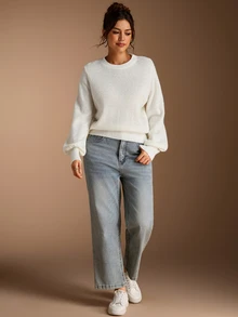 SHEIN BASICS 女款休閒百搭米白色圓領長袖針織毛衣，秋季女裝，適合上班、日常、居家、辦公室穿搭 - 白色 - 查看 7