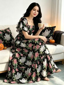 Modelyn 萬聖節趣味幽靈黑色花卉印花女款時尚方領短袖長洋裝，春夏季田園風花園風 - 彩色 - 查看 1