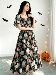 Modelyn 萬聖節趣味幽靈黑色花卉印花女款時尚方領短袖長洋裝，春夏季田園風花園風 - 彩色 - 查看 4