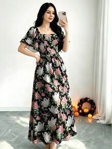 Modelyn 萬聖節趣味幽靈黑色花卉印花女款時尚方領短袖長洋裝，春夏季田園風花園風 - 彩色 - 查看 5