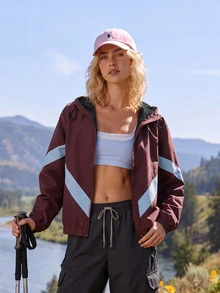 WanderVale Colorblock Patchwork Hooded Sports Jacket - Brown - View 3
