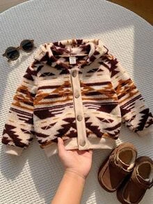 SHEIN 男女嬰兒/幼兒秋冬保暖內裡加厚休閒可愛幾何圖案連帽夾克外套，嬰兒冬季保暖加厚外套 - 棕色 - 查看 7