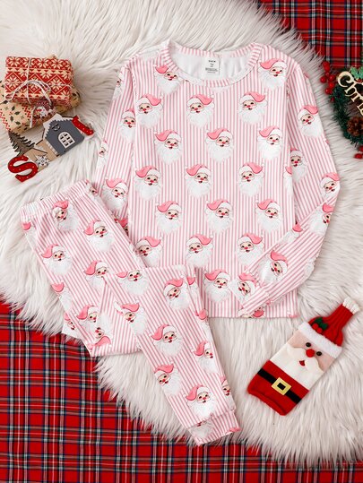 Teen Girl Santa Claus Autumn/Winter Christmas Pajamas 2pcs Stretchy Ribbed Snug Fit Long Sleeve Pants Crew Neck Allover Print Striped Pink