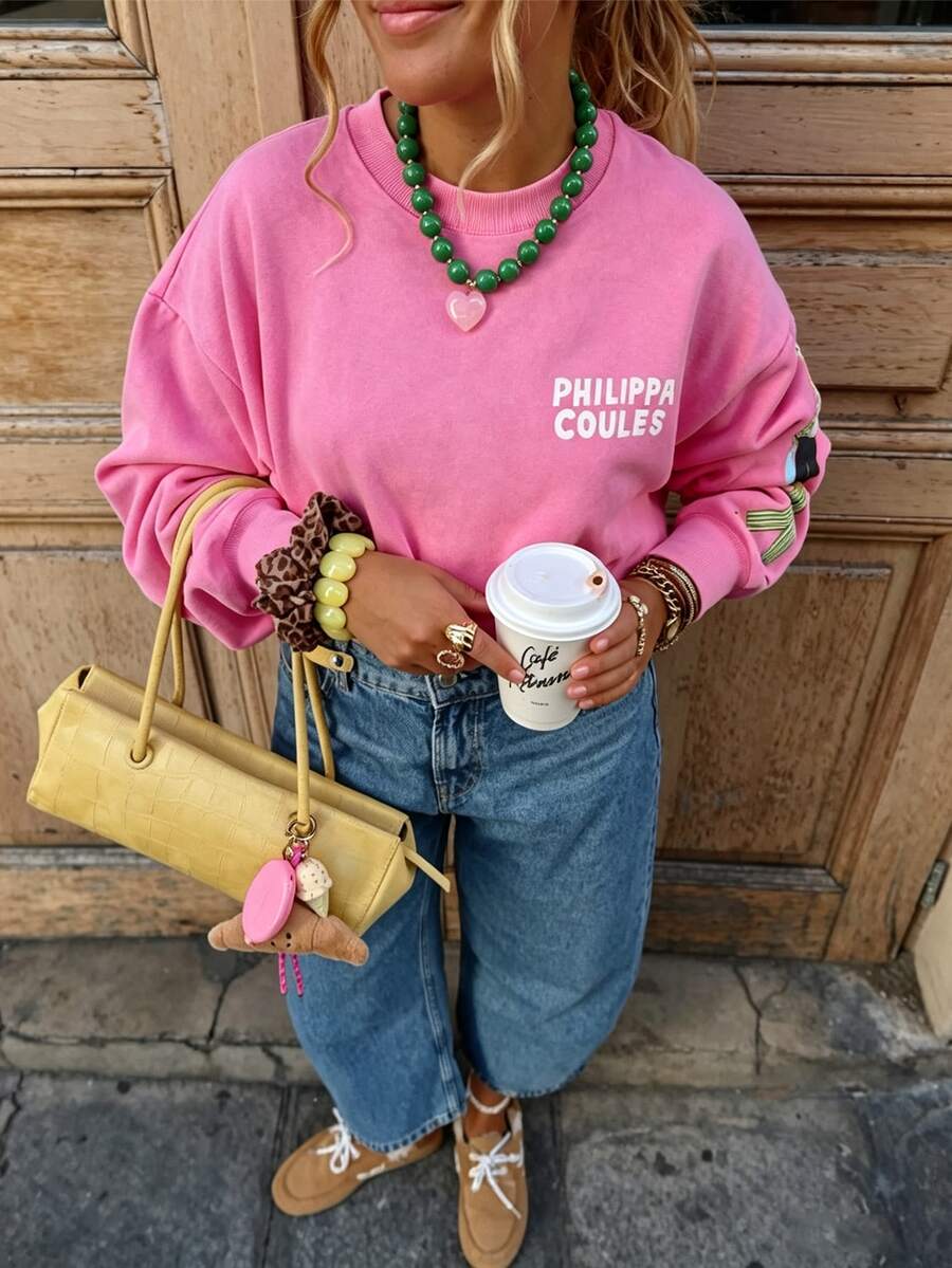 Resyla Women's Christmas Sweatshirt, Merry Christmas Towel Embroidery Pullover, Elegant Script Lettering, C - Hot Pink - View 1