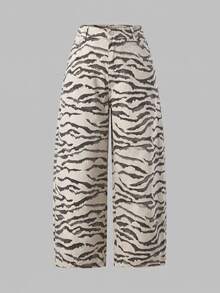 SHEIN MOD Women's Plus Size Zebra Print Pocket Wide Leg Loose Casual Denim Jeans Fall Clothes - Multicolor - View 2