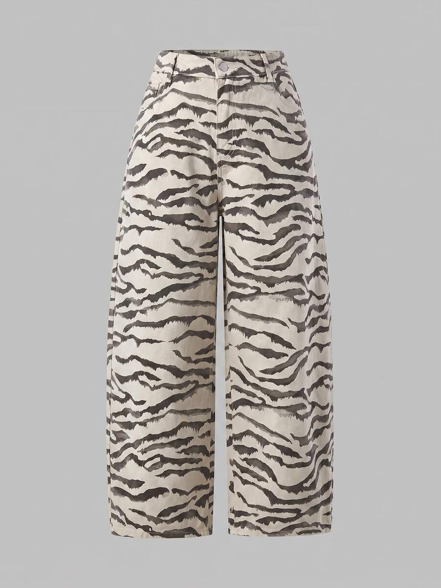 SHEIN MOD Women's Plus Size Zebra Print Pocket Wide Leg Loose Casual Denim Jeans Fall Clothes
