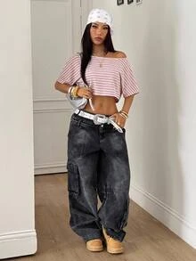 Coolane 女款春夏街頭風時尚Y2K日常穿搭圖案不對稱領口短版T恤 - 粉色 - 查看 3