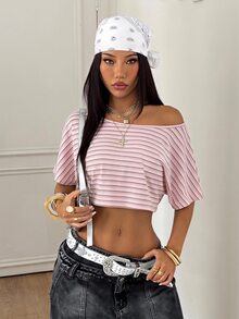Coolane 女款春夏街頭風時尚Y2K日常穿搭圖案不對稱領口短版T恤 - 粉色 - 查看 5