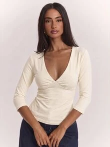 SHEIN BAE Women's Brown Knit Deep V-Neck Mid-Sleeve T-Shirt, Elegant Top For Going Out, Commuting And Back To School Season - Apricot - View 6
