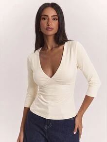 SHEIN BAE Women's Brown Knit Deep V-Neck Mid-Sleeve T-Shirt, Elegant Top For Going Out, Commuting And Back To School Season - Apricot - View 4