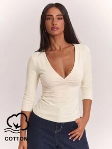 SHEIN BAE Women's Brown Knit Deep V-Neck Mid-Sleeve T-Shirt, Elegant Top For Going Out, Commuting And Back To School Season - Apricot - View 1