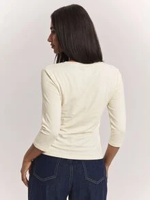 SHEIN BAE Women's Brown Knit Deep V-Neck Mid-Sleeve T-Shirt, Elegant Top For Going Out, Commuting And Back To School Season - Apricot - View 2