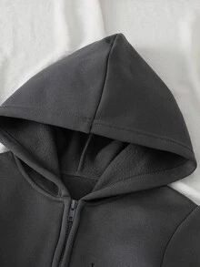 SHEIN 女童休閒時尚針織純色前置圖案印花雙口袋長袖連帽拉鍊外套與純色針織圖案印花長褲舒適兩件套服裝 - 灰色 - 查看 6