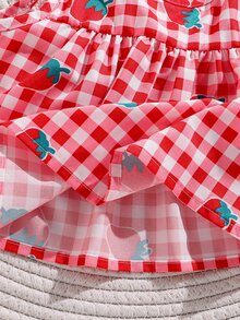 SHEIN Baby Girl Two Pieces Summer Round Neck Sleeveless Top And Red And White Plaid Shorts Set. Family Matching Photoshoot Cute Cow Girl - Red - View 8