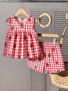 SHEIN Baby Girl Two Pieces Summer Round Neck Sleeveless Top And Red And White Plaid Shorts Set. Family Matching Photoshoot Cute Cow Girl - Red - View 4