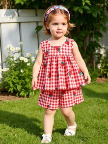 SHEIN Baby Girl Two Pieces Summer Round Neck Sleeveless Top And Red And White Plaid Shorts Set. Family Matching Photoshoot Cute Cow Girl - Red - View 3