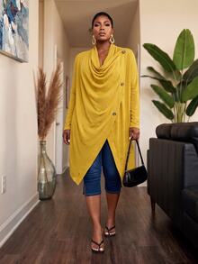 Slaydiva Spring/Autumn New Style Casual, Home, Daily, School, Back To School, Holiday Occasions Loose Solid Yellow Long Sleeve Draped Neckline Asymmetrical Hem Women's Plus Size Jacket-A - Yellow - View 7