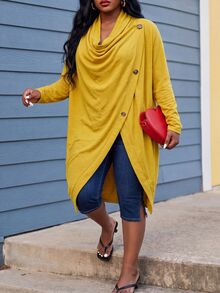 Slaydiva Spring/Autumn New Style Casual, Home, Daily, School, Back To School, Holiday Occasions Loose Solid Yellow Long Sleeve Draped Neckline Asymmetrical Hem Women's Plus Size Jacket-A - Yellow - View 6