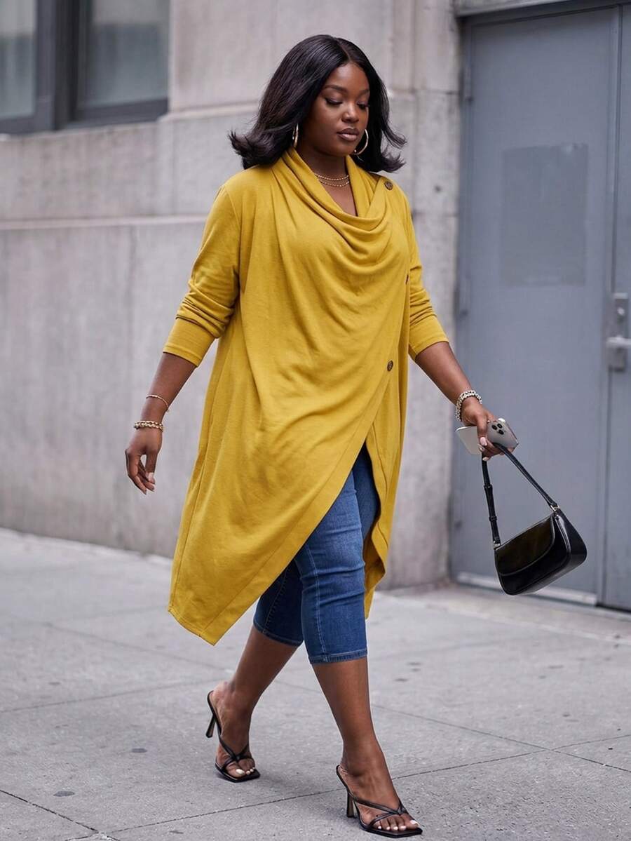 Slaydiva Spring/Autumn New Style Casual, Home, Daily, School, Back To School, Holiday Occasions Loose Solid Yellow Long Sleeve Draped Neckline Asymmetrical Hem Women's Plus Size Jacket-A