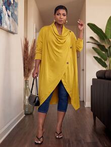 Slaydiva Spring/Autumn New Style Casual, Home, Daily, School, Back To School, Holiday Occasions Loose Solid Yellow Long Sleeve Draped Neckline Asymmetrical Hem Women's Plus Size Jacket-A - Yellow - View 8