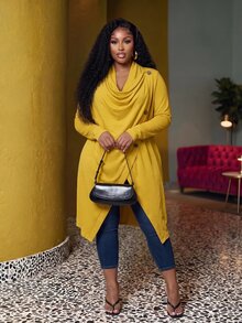 Slaydiva Spring/Autumn New Style Casual, Home, Daily, School, Back To School, Holiday Occasions Loose Solid Yellow Long Sleeve Draped Neckline Asymmetrical Hem Women's Plus Size Jacket-A - Yellow - View 4