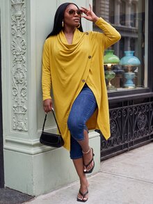 Slaydiva Spring/Autumn New Style Casual, Home, Daily, School, Back To School, Holiday Occasions Loose Solid Yellow Long Sleeve Draped Neckline Asymmetrical Hem Women's Plus Size Jacket-A - Yellow - View 9