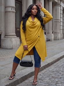 Slaydiva Spring/Autumn New Style Casual, Home, Daily, School, Back To School, Holiday Occasions Loose Solid Yellow Long Sleeve Draped Neckline Asymmetrical Hem Women's Plus Size Jacket-A - Yellow - View 5
