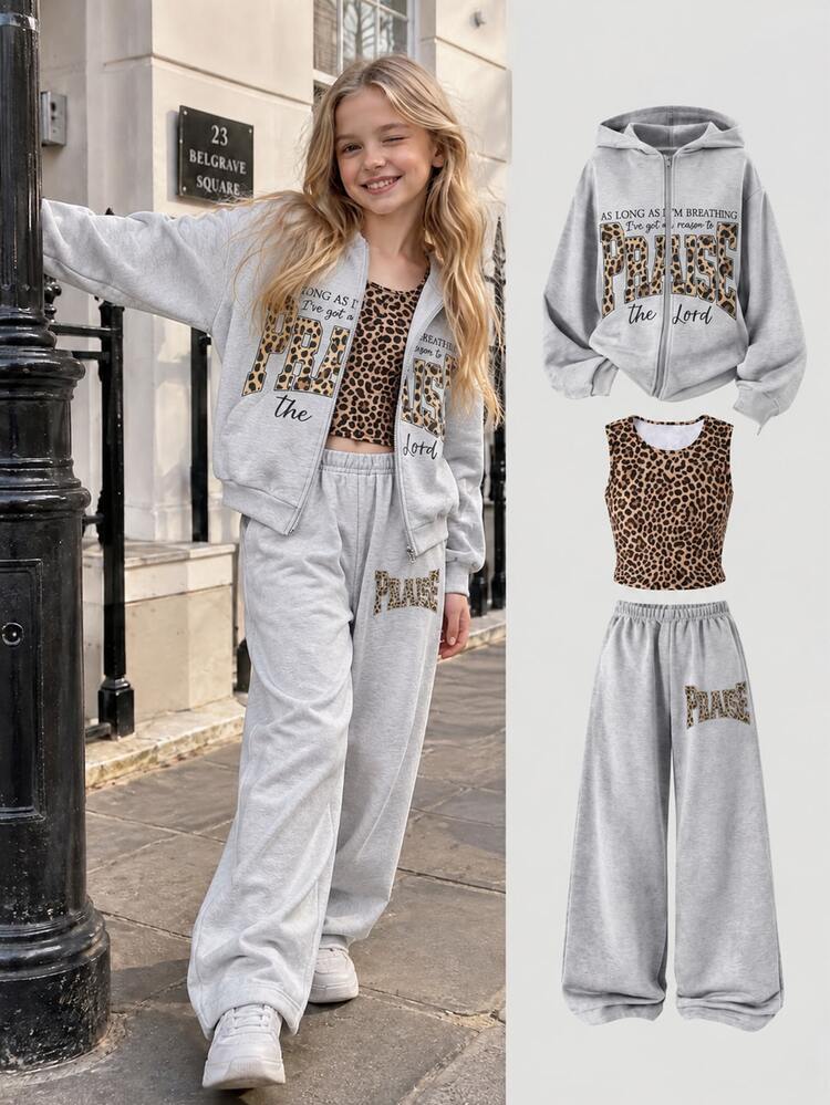 Teen Girls 3 Piece Outfits, Casual Graphic Zip Up Hoodie Leopard Print Tank Top And Wide Leg Sweatpants Matching Set - Grey - View 1