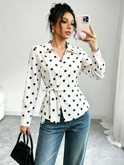 Elenzga Vintage White With Black Polka Dot Lapel Asymmetric Button Cinched Waist Blouse, Elegant Slimming Asymmetrical Hem Long Sleeve French Casual Women's Polka Dot Shirt